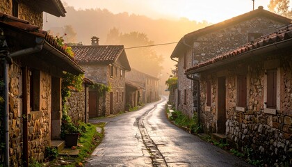A picturesque stone village with a winding road bathed in the warm glow of a misty sunrise.
