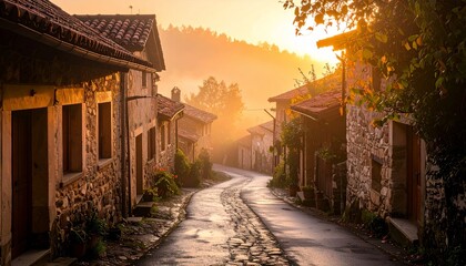 Golden sunrise light illuminates a misty, winding cobblestone street in a rustic, ancient village.