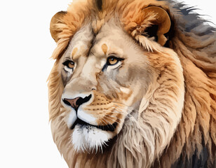 The lion is shown in a powerful, striding pose, with one front paw lifted as if in motion 