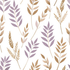Soft misty lavender leaves paired with pale beige seed sprigs and brushed metallic gold tendrils, arranged in a lightweight, airy botanical repeat pattern.