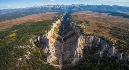 Aerial view of a deep canyon with a winding river and mountains in the distance under a blue sky
