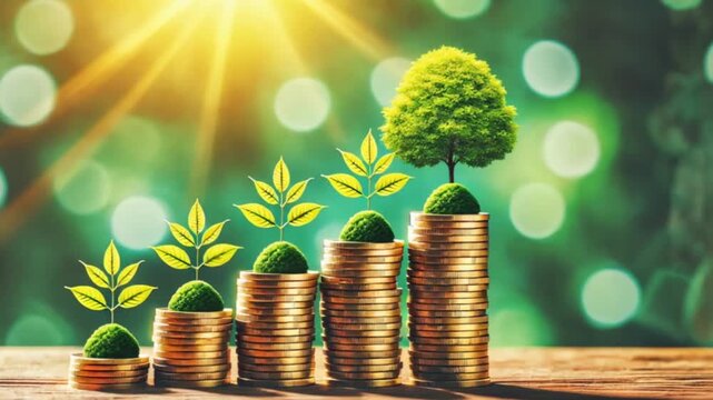 Stacks of gold coins in ascending order represent financial growth and sustainability.
