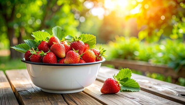 A white bowl filled with fresh red strawberries on a rustic wooden table in a sunny garden.