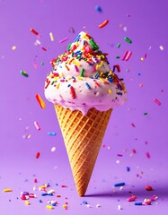 ice cream in a waffle cone with colored sprinkles on a bright background.