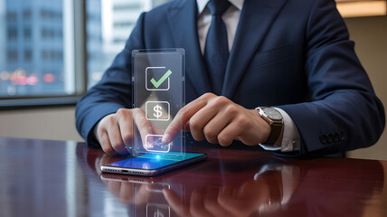 Confident businessman interacting with digital interface on smartphone for financial success and task completion
