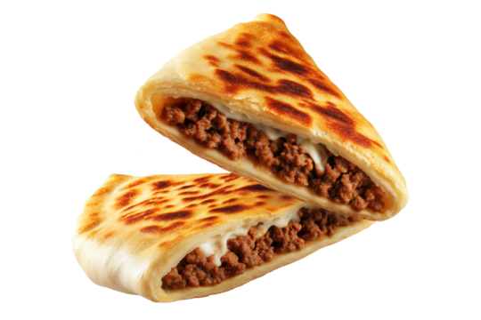 Grilled stuffed flatbread like Arayes pita filled with seasoned minced meat, isolated on white transparent background, concept of traditional Arabic street food