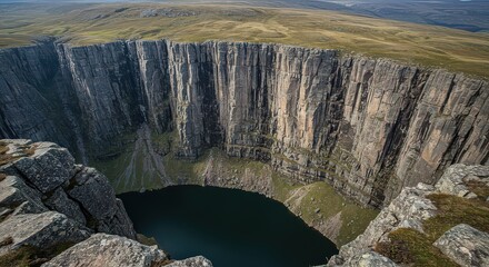 Aerial view of a deep canyon with water at the bottom surrounded by rocky cliffs and green vegetation