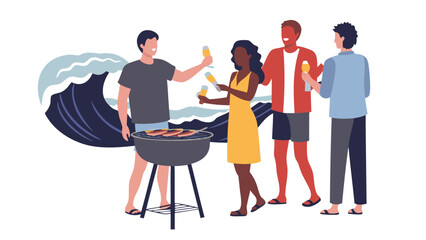 Obraz premium Group of friends grilling and drinking at the beach with a wave in the background having fun