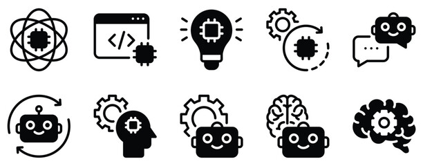 Machine Learning Icon Set Solid Style Collection representing data analysis predictive modeling and intelligent systems suitable for AI development tech platforms and educational resources