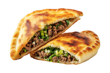 Grilled stuffed flatbread like Arayes pita filled with seasoned minced meat, isolated on white transparent background, concept of traditional Arabic street food