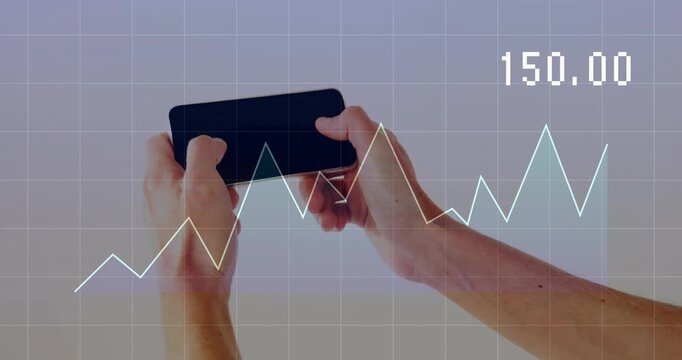 Hands emerging holding smartphone showing line chart and updating data for demonstrating trends