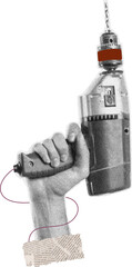 halftone collage Cordless electric screwdriver drill in hand 