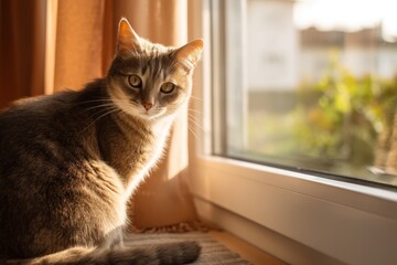A gray cat relaxes on a sunny windowsill, soaking up the warm light that fills the cozy home. This serene moment captures the cats content demeanor in a tranquil setting