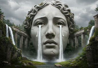 Cracked Marble Statue Face with Waterfall Tears in Overgrown Ancient Ruins