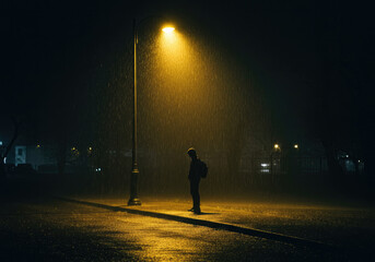 Cinematic Night Scene of Lone Figure Under Streetlight with Heavy Rainfall
