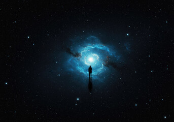 Lone Silhouette Standing in Vast Dark Cosmic Void with Faint Stars and Blue Nebula