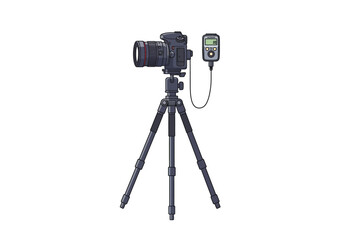 A DSLR camera sits atop a tripod connected to a remote control with a cable