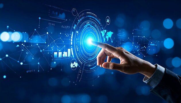 Hand interacting with a futuristic digital interface showing data analysis and global connectivity