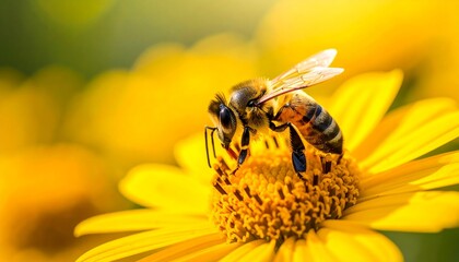 A detailed close-up of a honeybee gathering pollen from a vibrant yellow flower in the sunlight.