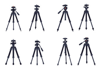 Eight black tripods are arranged on a white background each displayed at different angles
