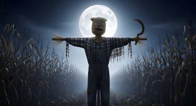 Eerie scarecrow standing guard in a moonlit cornfield a chilling Halloween scene