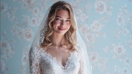 The beautiful bride smiling gracefully in her elegant wedding dress.