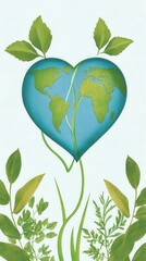 Symbolizing Ecological Love and Environmental Awareness Through a Green Heart with World Map and Delicate Leaves