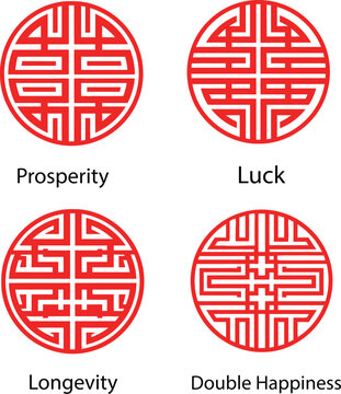 Set of four traditional Chinese circular symbols representing prosperity, luck, longevity, and double happiness. These minimalist red designs are commonly used in Chinese culture for decorations durin