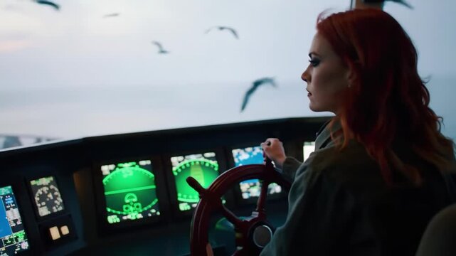 Female ship captain steering vessel through open waters. Women in maritime professions concept.