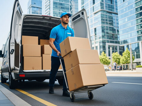 A courier is transporting several cardboard boxes using a hand trolley while making sure all packages are safe and secure.