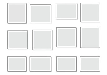 Twelve framed grey rectanglessquares are arranged in a 3x4 grid against a white background casting shadows