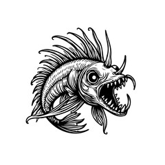 Intricate line art of a spiky anglerfish displaying its sharp teeth in black and white illustration