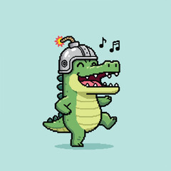 Obraz premium Anomali cartoon illustration of a happy green alligator character dancing and singing while wearing a dangerous bomb helmet in a fun retro pixel art style.