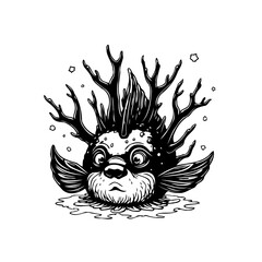 Whimsical fantasy creature with expressive eyes and antler like features in detailed monochrome artwork creating a unique visual story