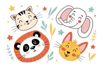 Obraz premium Playful Wildlife Cartoon Illustration: A delightful cartoon illustration showcases a collection of charming animal faces, each exuding warmth and cuteness.