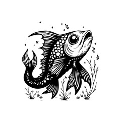 Detailed black and white illustration of a fish surrounded by seaweed and bubbles in ocean depth