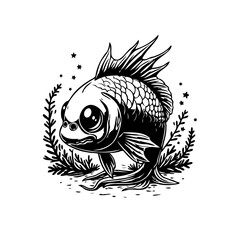 A meticulously crafted black and white illustration of a whimsical goldfish surrounded by aquatic plants and stars