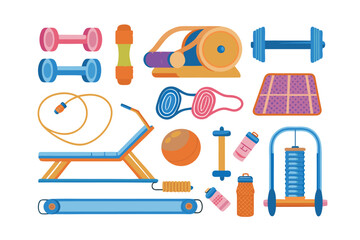 Essential Exercise Tools: A vibrant collection of fitness equipment, meticulously arranged to inspire a healthy lifestyle, including dumbbells, mats, and resistance bands.