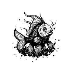 Detailed black and white illustration of a goldfish swimming gracefully in water art design concept