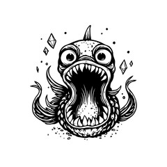 Cartoon fish with a large open mouth and sharp teeth in a black and white illustration