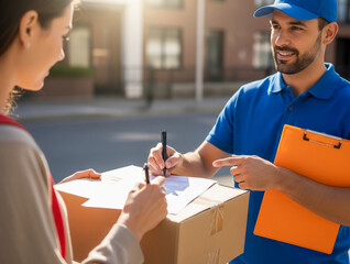 Package handover happens outdoors, the courier gives signing instructions before completing the delivery process
