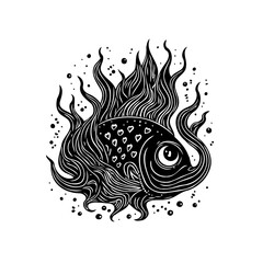 Monochromatic aquatic creature in a surreal depiction with intricate details creating a captivating artistic representation showcasing abstract flames