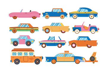 Vintage Car Collection Illustration: A colorful illustration showcasing a diverse array of classic cars, each meticulously designed and styled to evoke nostalgia and transport viewers to a bygone era.