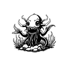 Creepy cute underwater creature in black and white with many tentacles in sea depths