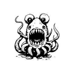 Whimsical creature with exaggerated features creating an artistic appeal in black and white illustration style