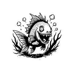 Monochrome cartoon illustration showcasing an aggressive fish with prominent teeth and fins surrounded by bubbles and aquatic plants