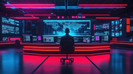 Futuristic Cyberpunk Control Room with Analyst and Multiple Screens Display