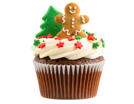  Gingerbread Christmas Cupcake with Cookie Topper and Sprinkles, Transparent Background
