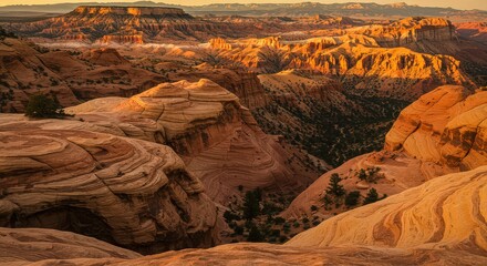 Aerial view of layered sandstone formations in a desert landscape at sunset with distant mesas and mountains
