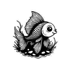 Obraz premium Charming cartoon goldfish illustration embodying simplicity and grace with intricate details in black and white